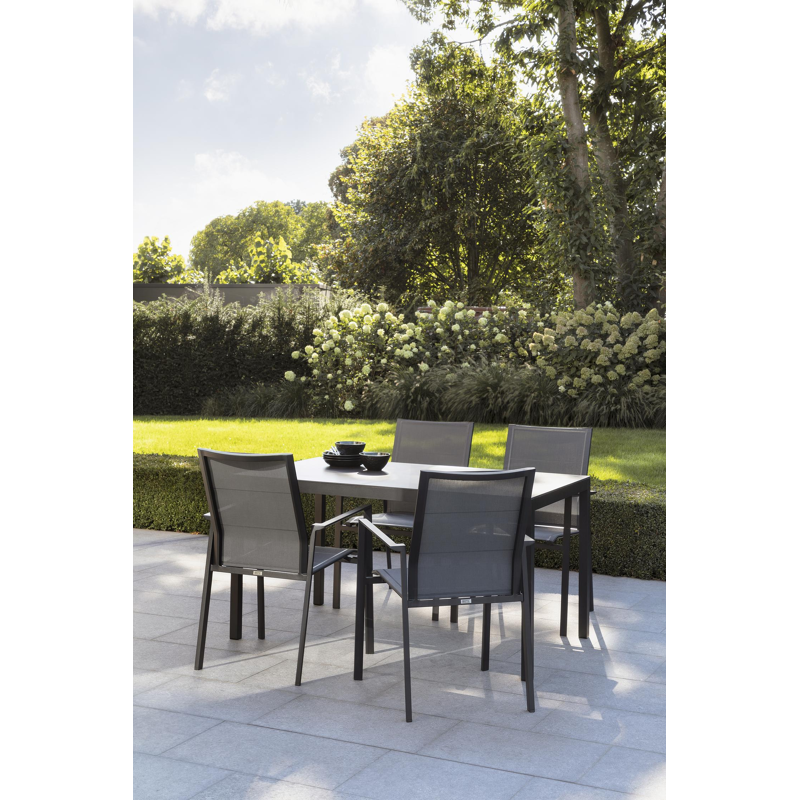 Cirello stapelbare tuinstoel in zwart aluminium en grijs textilene