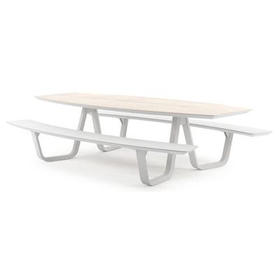 Forno picknicktafel bootvorm in wit aluminium en volkeramiek Travertino Bianco - L 280 x B 192 x H 72 cm