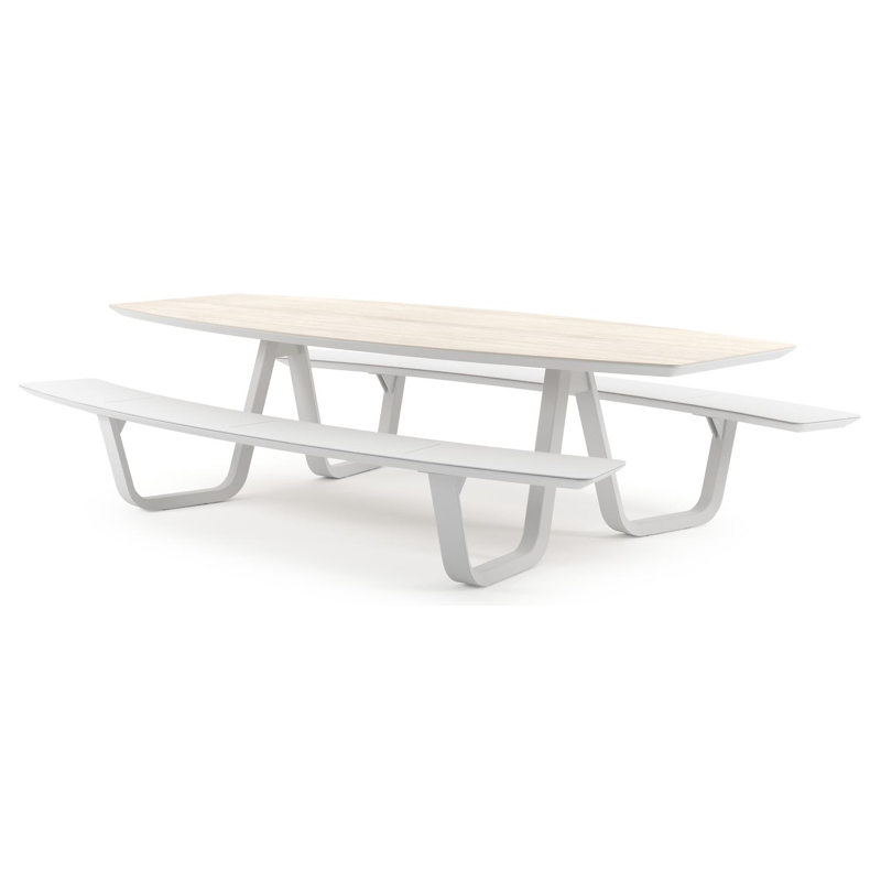 Forno picknicktafel bootvorm in wit aluminium en volkeramiek Travertino Bianco - L 280 x B 192 x H 72 cm