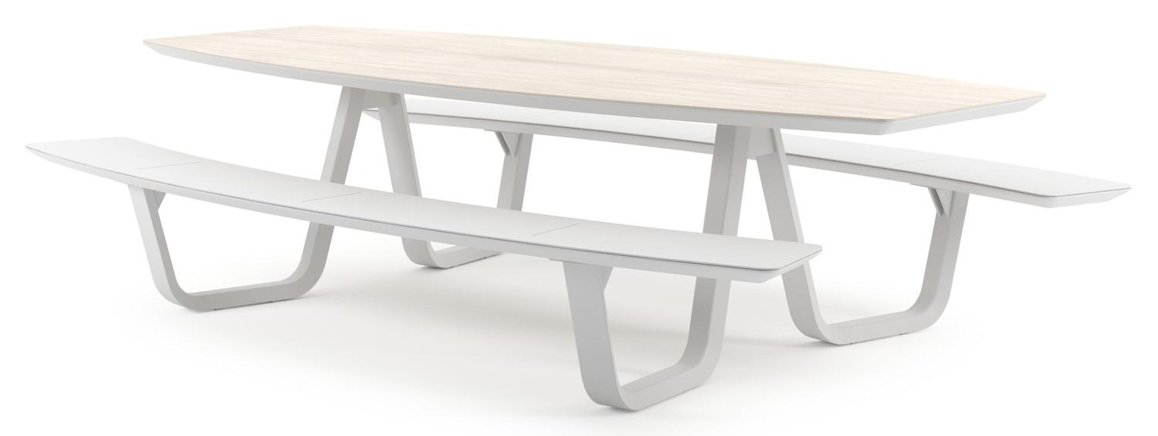 Forno picknicktafel bootvorm in wit aluminium en volkeramiek Travertino Bianco - L 280 x B 192 x H 72 cm