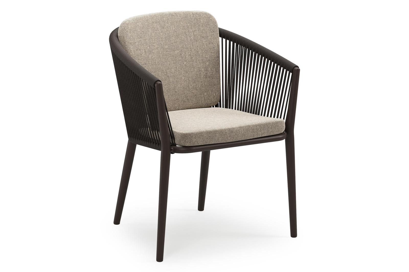 Orso stapelbare tuinstoel in donkerbruin aluminium en donkerbruin verticaal geweven ronde rope met stoelkussen in All Weather Sunbrella® Luxe Chartres Pewter