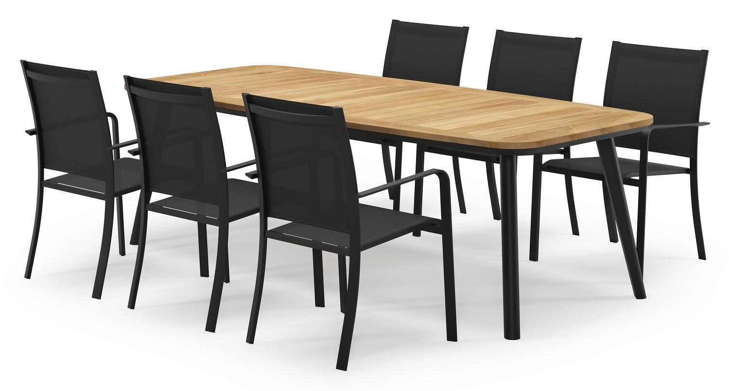 Mosa bootvormige tuinset in zwart aluminium en teak natural finish met 6 Calobra tuinstoelen