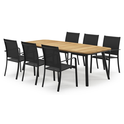 Mosa bootvormige tuinset in zwart aluminium en teak natural finish met 6 Calobra tuinstoelen