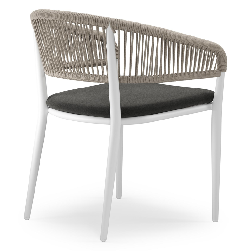Tolfa stapelbare tuinstoel in wit aluminium en beige verticaal geweven ronde rope met stoelkussen in All Weather Sunbrella® Luxe Natte Sooty