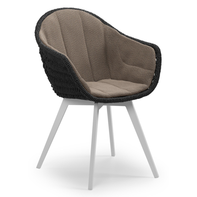 Pagino tuinstoel in wit aluminium en zwart ronde wicker met zitkussen in All Weather Sunbrella® Luxe Lopi Coconut