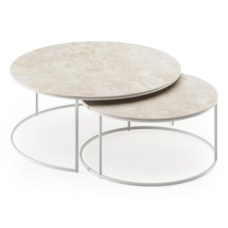 Ensemble de 2 tables basses Fano ronde en aluminium blanc et céramique pleine Rapolano - Diam. 85/65 x Haut. 35/30 cm