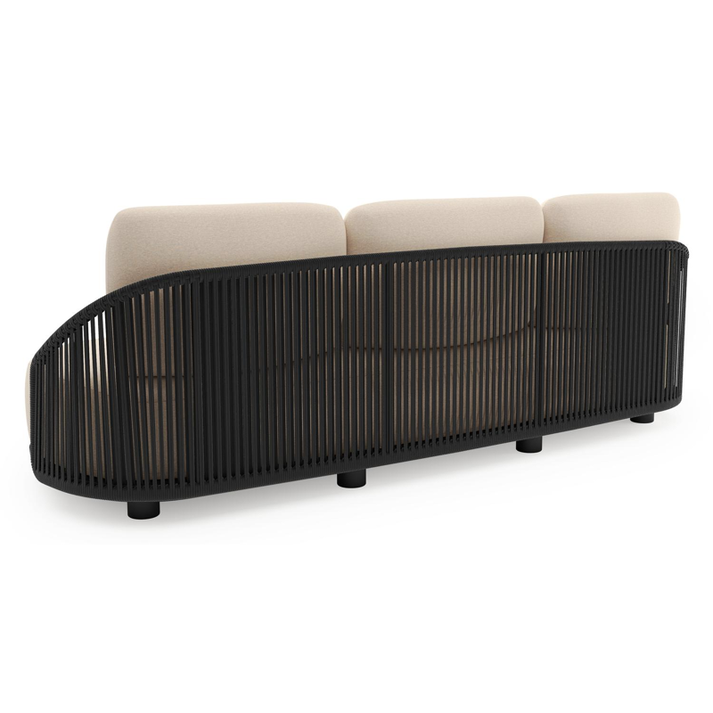 Salon de jardin Vadelo en aluminium noir et corde ronde tissée verticalement noir et coussins en all weather sunbrella® luxe heritage papyrus