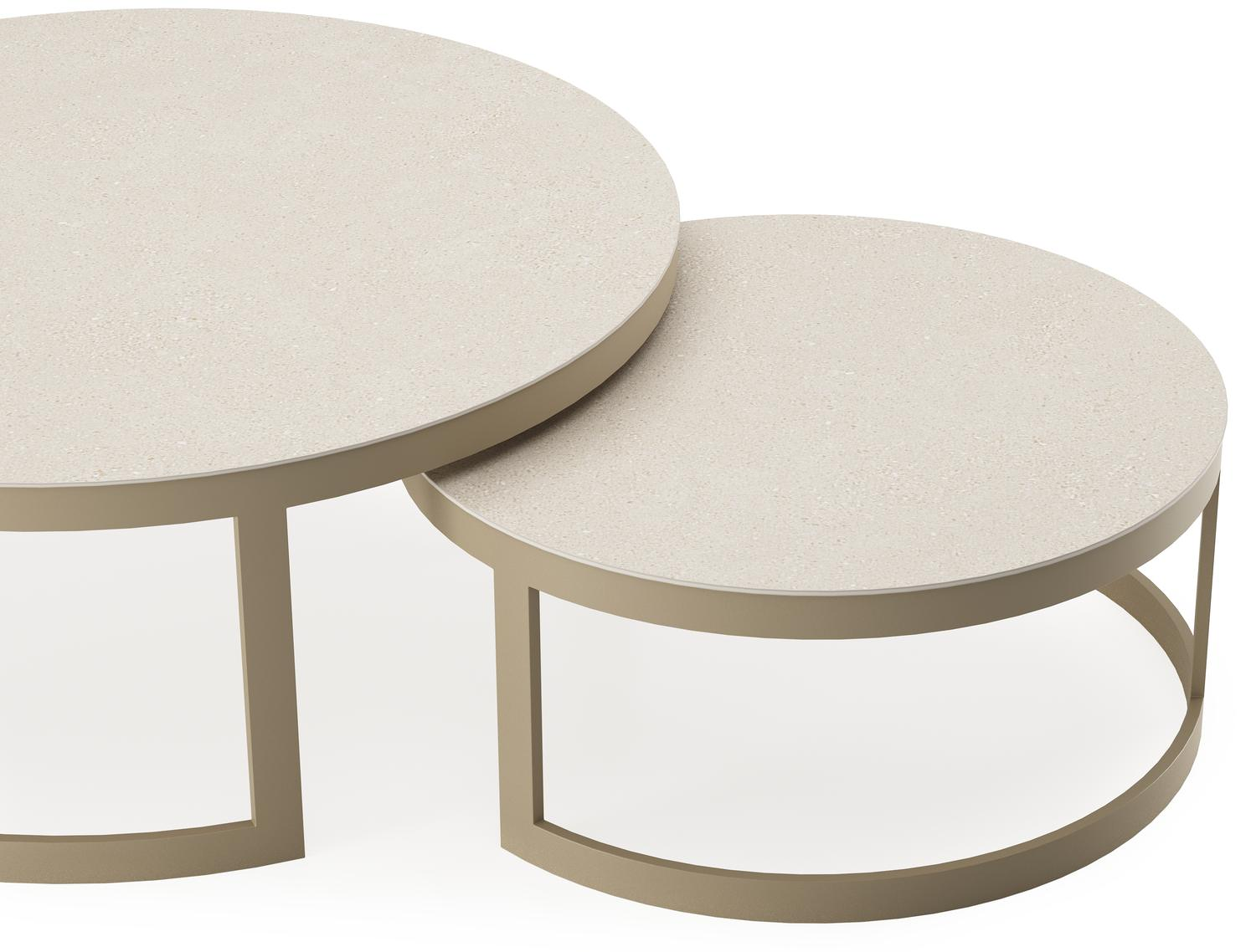Ensemble de 2 tables basses Enna ronde en aluminium beige et céramique pleine beige - Table 1 Diam. 70 x Haut. 30 cl Table 2 Diam. 100 x Haut. 37 cm