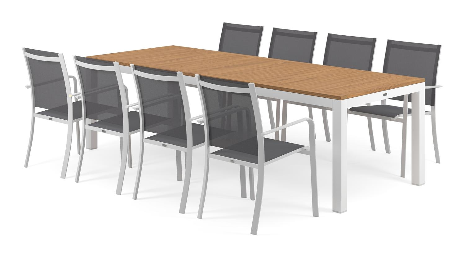 Varese tuinset in wit aluminium en naturel teak tafelblad met 8 stapelbare Calobra tuinstoelen