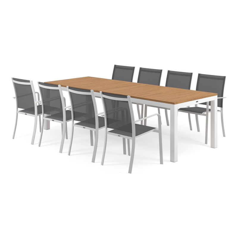 Varese tuinset in wit aluminium en naturel teak tafelblad met 8 stapelbare Calobra tuinstoelen