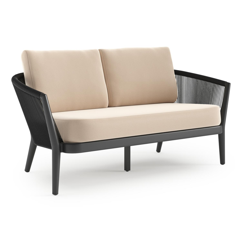 Orso loungebank in zwart aluminium en zwart verticaal geweven ronde rope met Natte Linen Chalk all weather sunbrella® luxe kussen
