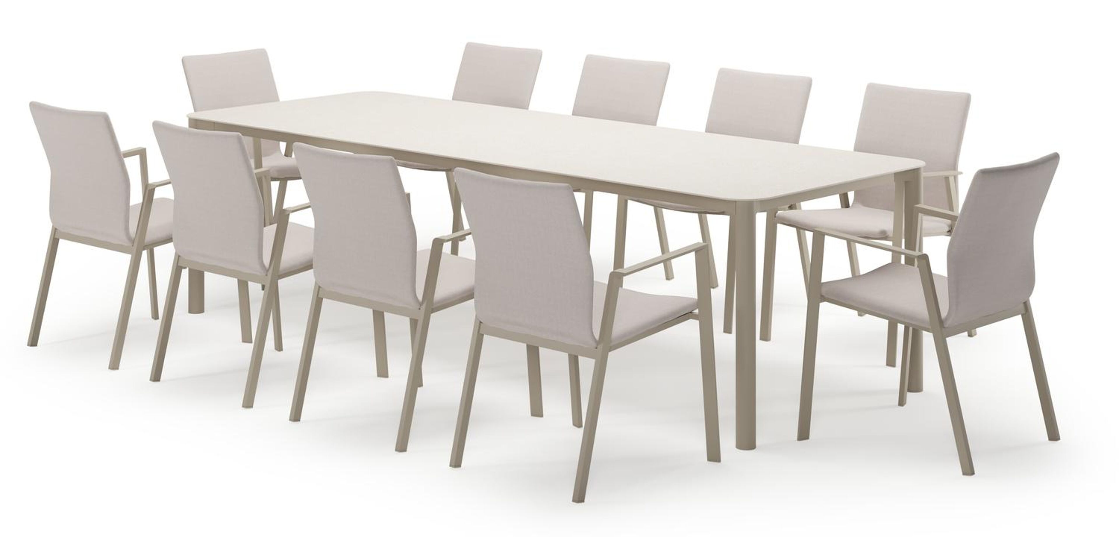 Mira rechthoekige afgeronde tuinset in beige aluminium en sintered stone crema minerale met 10 Madura tuinstoelen