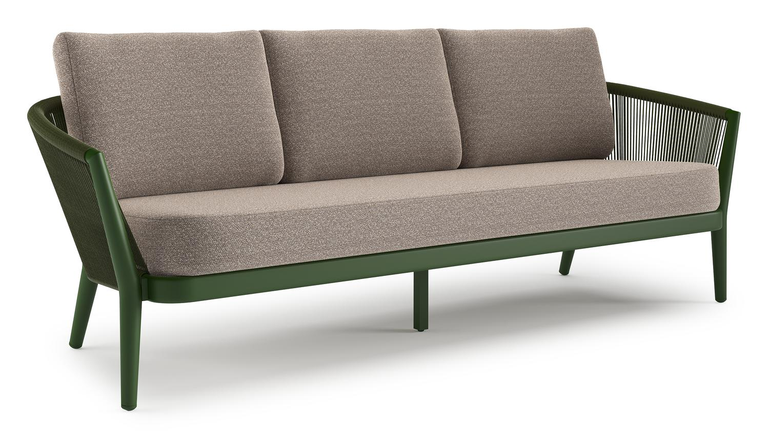 Canapé de jardin Orso en aluminium vert en corde ronde tissée verticalement vert et coussins en all weather sunbrella® luxe Wander Manioc