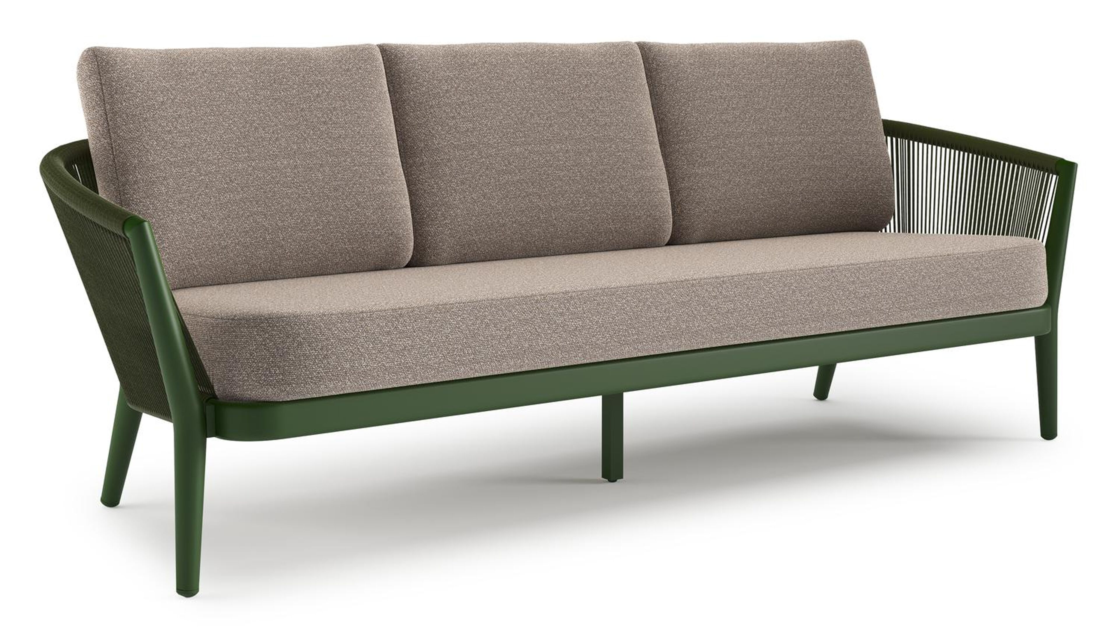 Canapé de jardin Orso en aluminium vert en corde ronde tissée verticalement vert et coussins en all weather sunbrella® luxe Wander Manioc