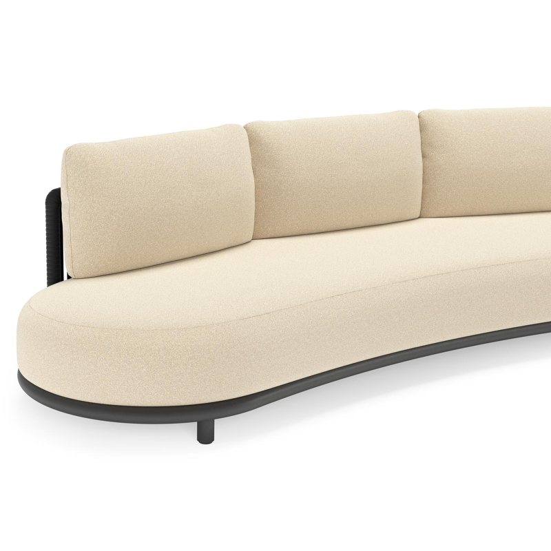 Canapé de jardin Lomano en aluminium noir et corde luxe plate tissée verticalement noir et coussins en all weather solica soul papyrus