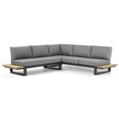 Salon de jardin d'angle Turino en aluminium noir et teck avec coussin en gris weather+ softtouch