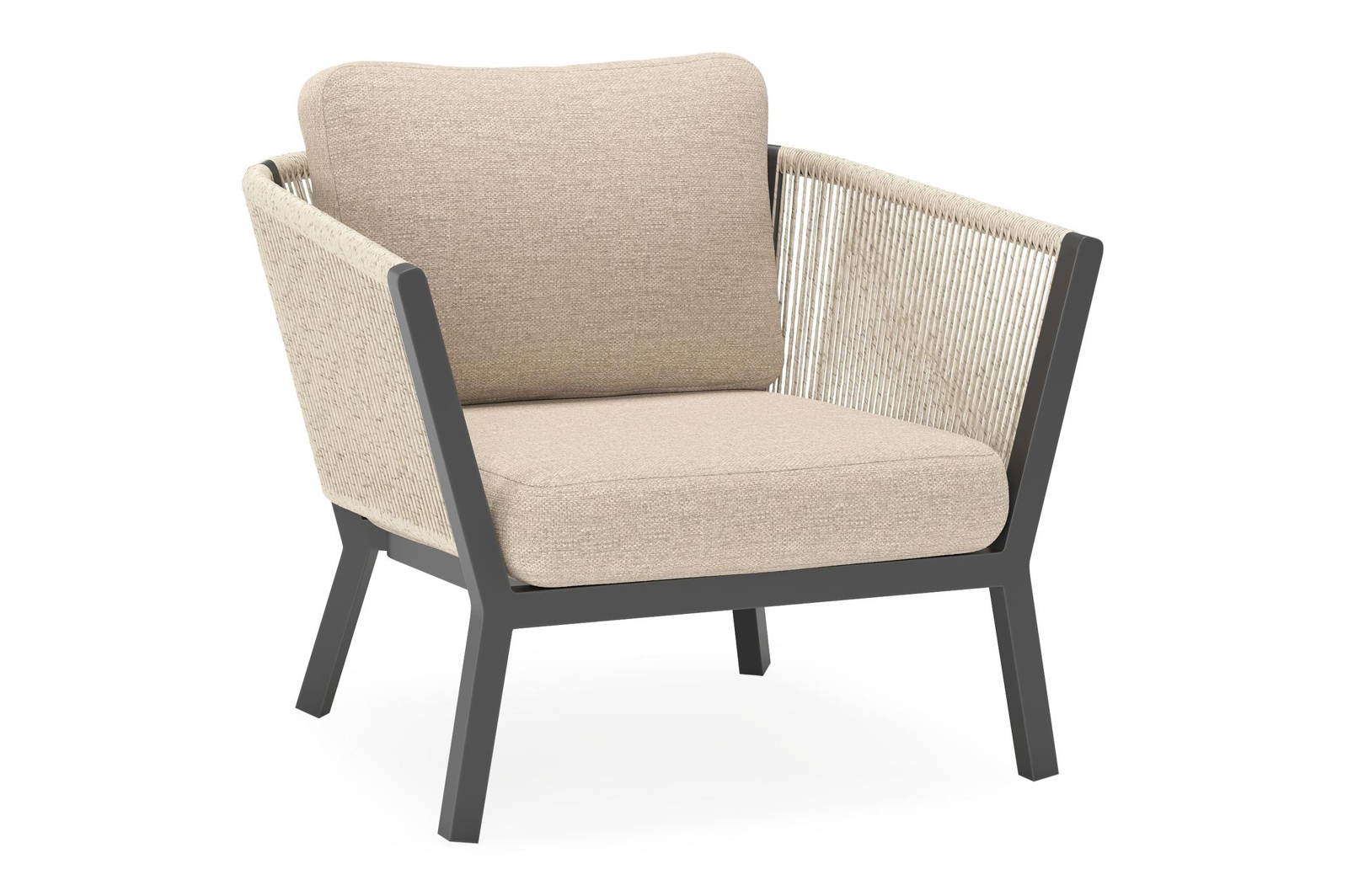 Cordoba loungestoel in zwart aluminium en beige verticaal geweven ronde rope met rustic weather+ softtouch kussen