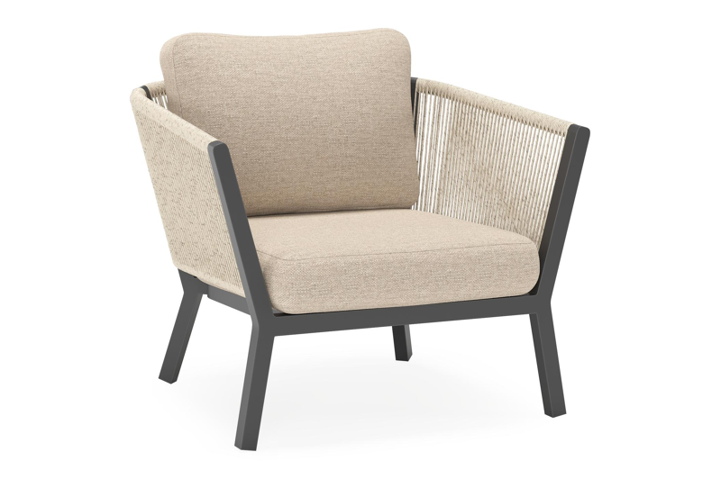 Cordoba loungestoel in zwart aluminium en beige verticaal geweven ronde rope met rustic weather+ softtouch kussen