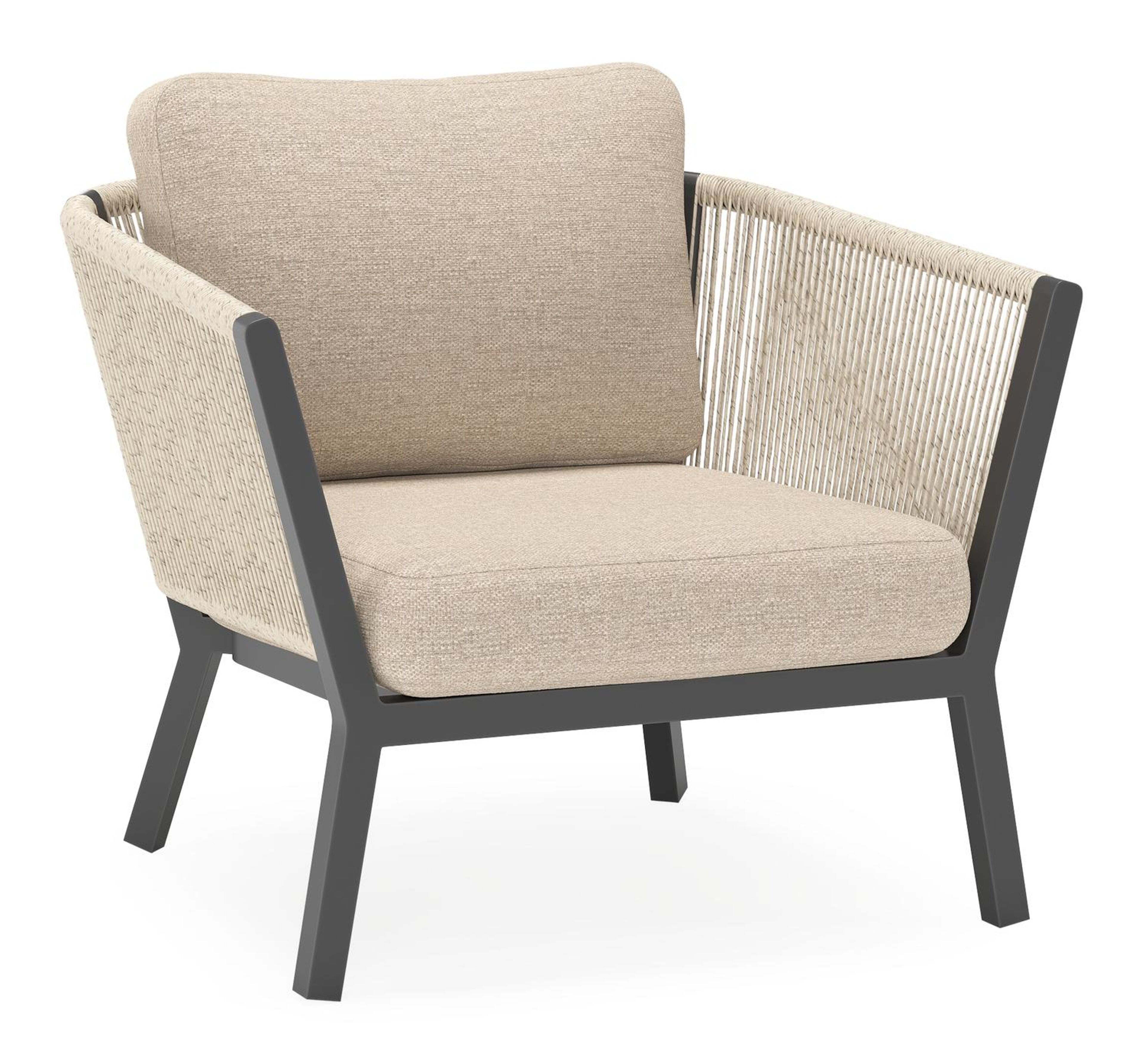 Cordoba loungestoel in zwart aluminium en beige verticaal geweven ronde rope met rustic weather+ softtouch kussen