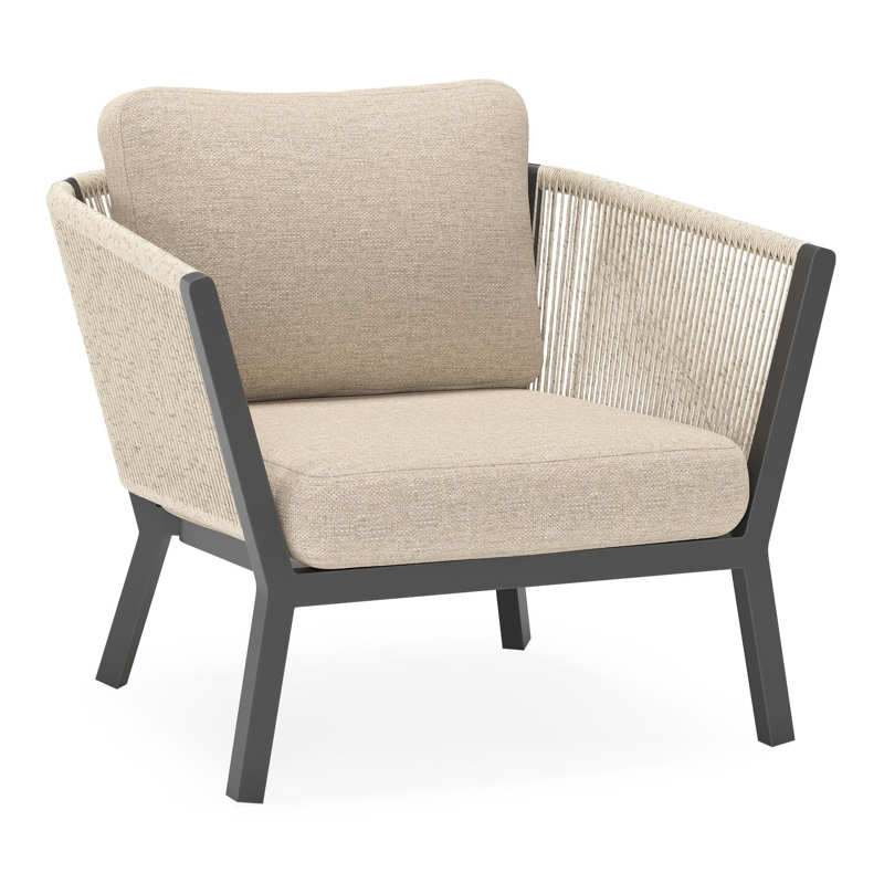 Fauteuil de jardin Cordoba en aluminium noir et corde beige et coussins en weather+ softtouch rustic