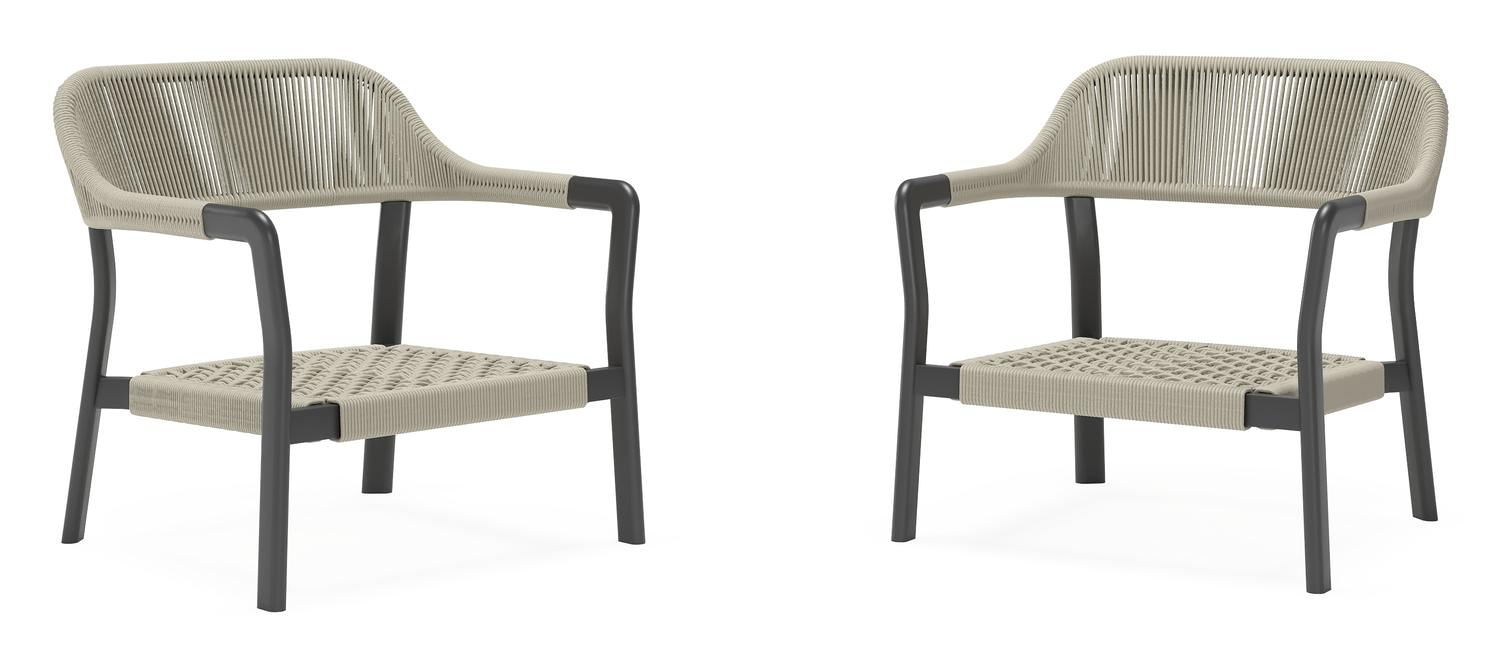 Set van 2 Tamariu loungestoelen in zwart aluminium en beige verticaal geweven ronde rope met Rustic Weather+ Softtouch kussen