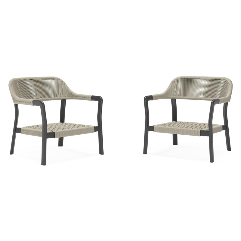 Set van 2 Tamariu loungestoelen in zwart aluminium en beige verticaal geweven ronde rope met Rustic Weather+ Softtouch kussen
