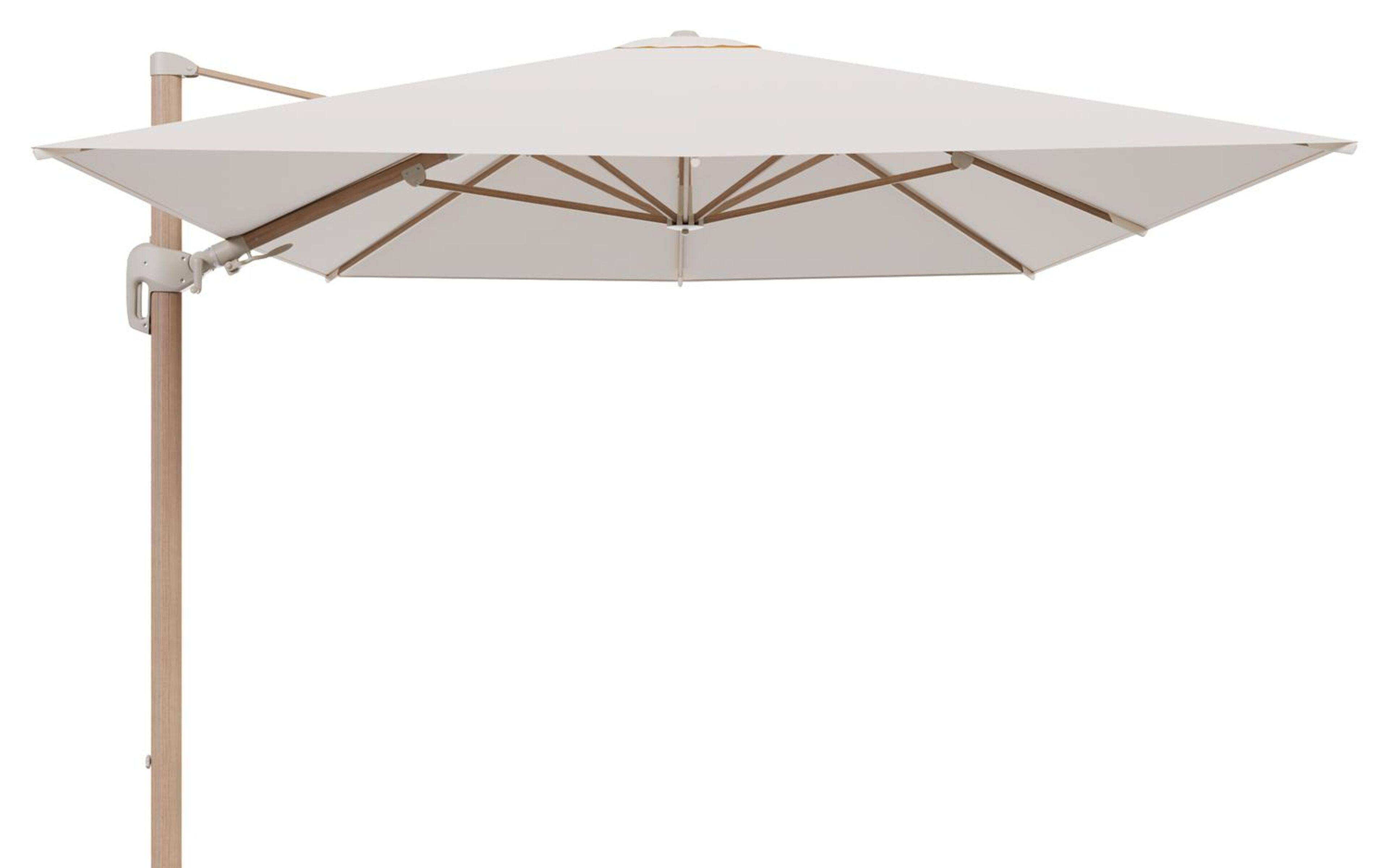 Rufina zweefparasol tiltfunctie in houtlook aluminium en parasoldoek in All Weather Sunbrella® Luxe Natte Linen Chalk  - L1 400 x L2 300 cm (zonder voet) (zonder voet)