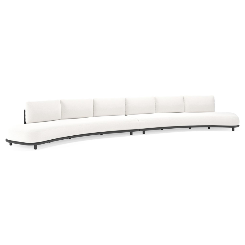 Canapé de jardin Lomano en aluminium noir et corde luxe plate tissée verticalement beige et coussins en all weather solica soul optik