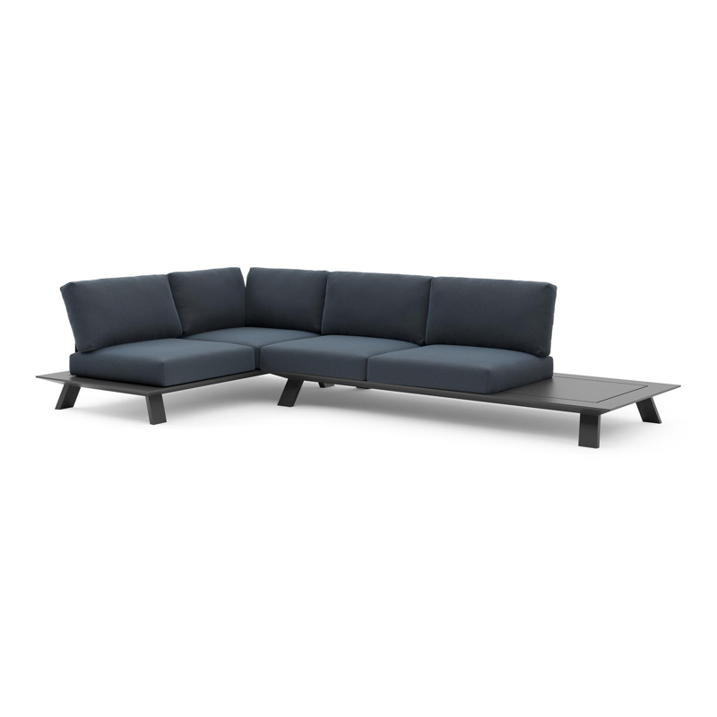 Salon de jardin d'angle Cesano en aluminium noir et coussin en all weather Sunbrella® luxe heritage indigo