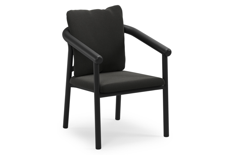 Amico stapelbare tuinstoel in zwart aluminium met stoelkussen in All Weather Sunbrella® Luxe Natte Sooty