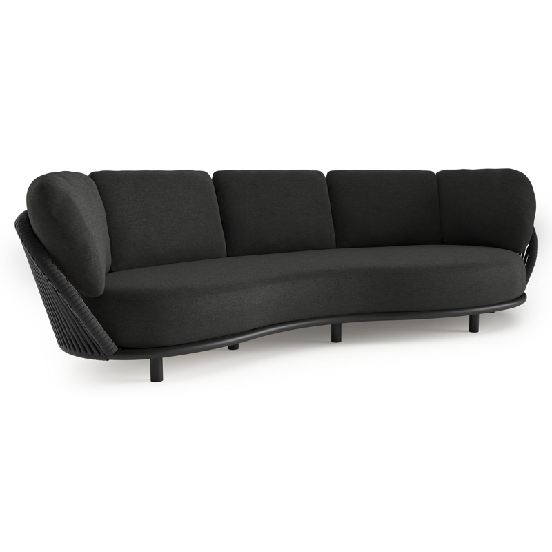 Lupino loungebank in zwart aluminium en zwart verticaal geweven luxe vlakke brede rope met chartres sooty all weather sunbrella® luxe kussen