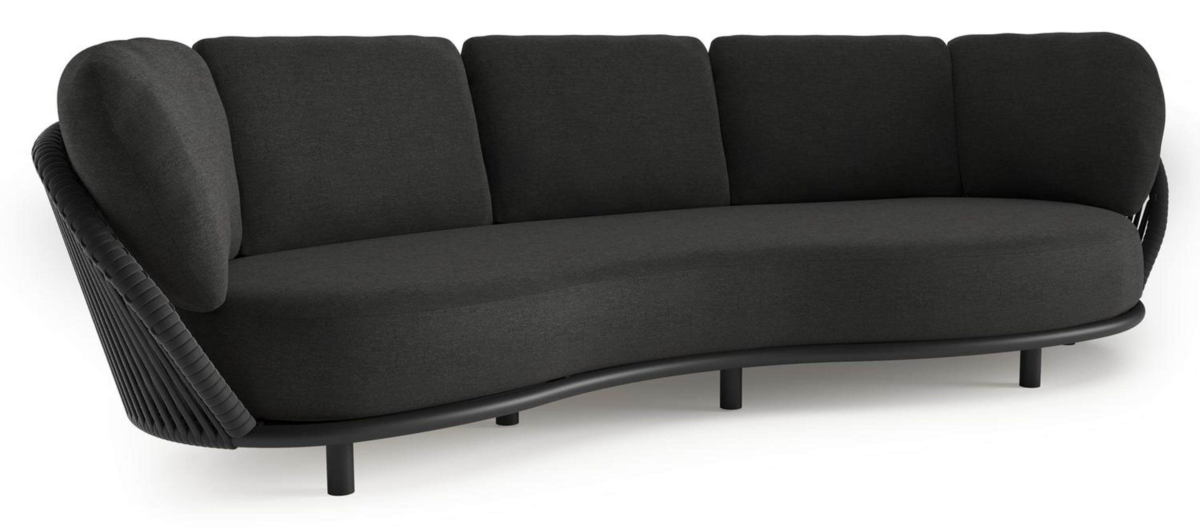 Canapé de jardin Lupino en aluminium noir et corde large plate de luxe tissée verticalement noir et coussins en all weather sunbrella® luxe chartres sooty