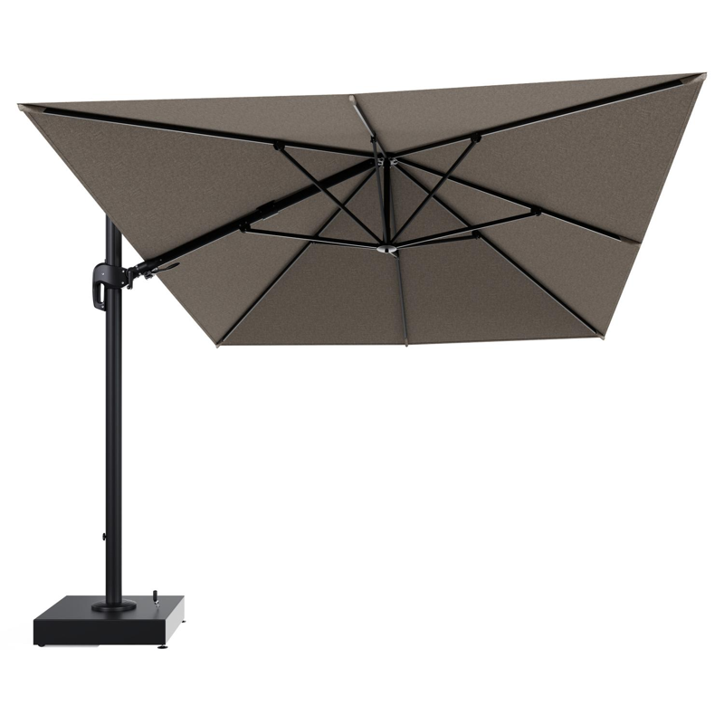 Rufina zweefparasol met tiltfunctie in zwart aluminium en Chartres Pewter All Weather Sunbrella® Luxe parasoldoek - L1 400 x L2 300 cm met parasolvoet Minore 150 kg met wielen