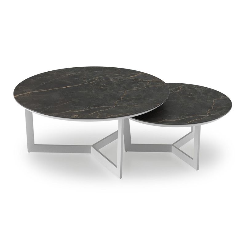 Lacrima set van 2 loungetafels rond in wit aluminium en volkeramiek Black Obsession - Dia. 85/65 x H 35/30 cm