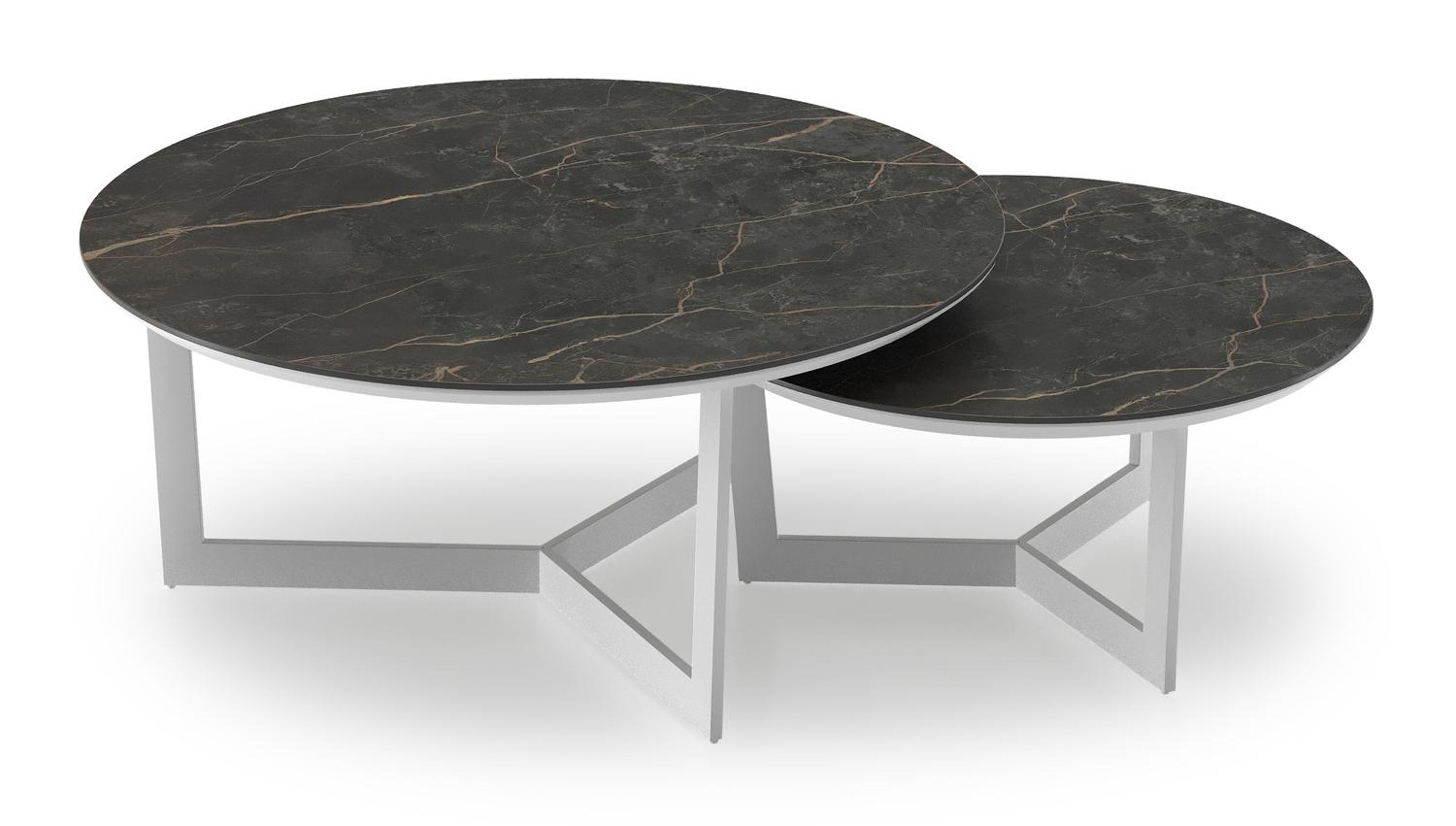 Lacrima set van 2 loungetafels rond in wit aluminium en volkeramiek Black Obsession - Dia. 85/65 x H 35/30 cm