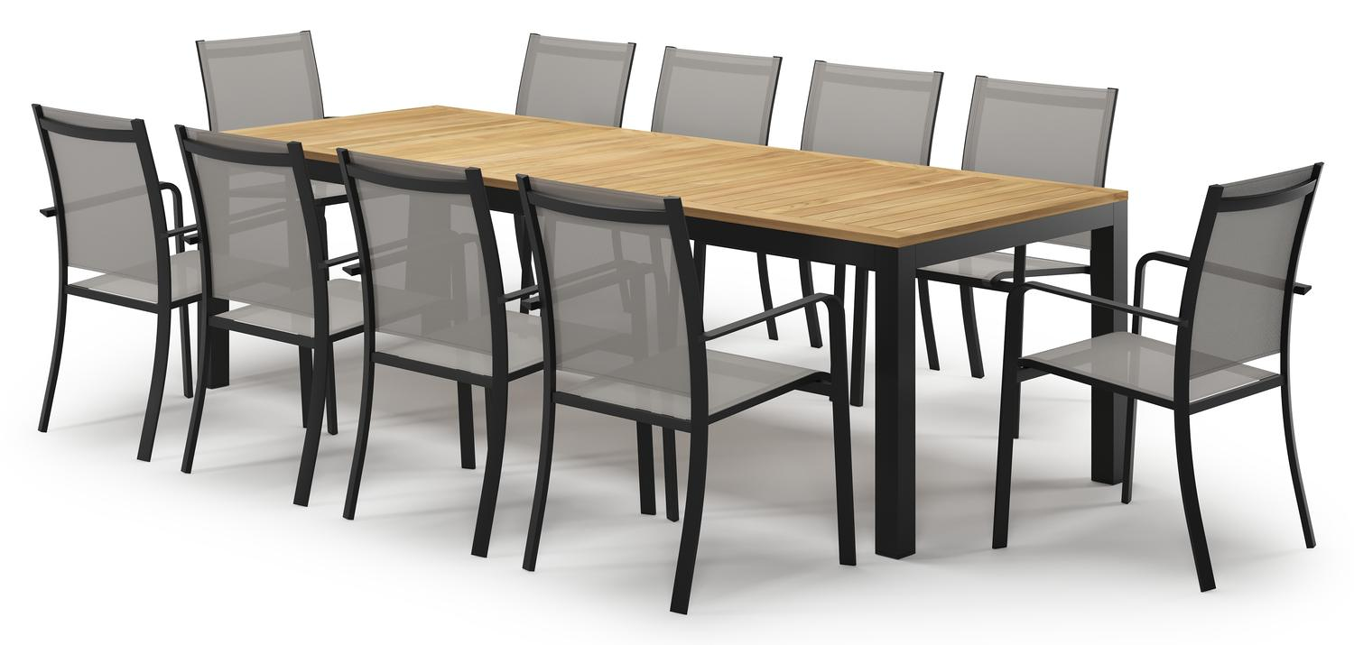 Varese tuinset in zwart aluminium en naturel teak tafelblad met 10 stapelbare Calobra tuinstoelen