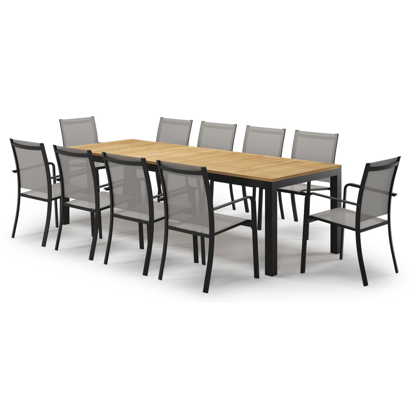 Varese tuinset in zwart aluminium en naturel teak tafelblad met 10 stapelbare Calobra tuinstoelen