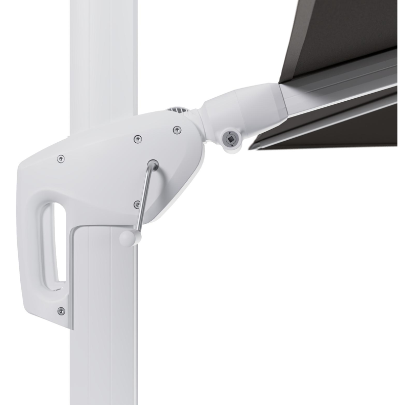 Minore zweefparasol tiltfunctie in wit aluminium en parasoldoek in All Weather Sunbrella® Luxe Natte Carbon Beige  - L1 280 x L2: 370 cm (zonder voet)