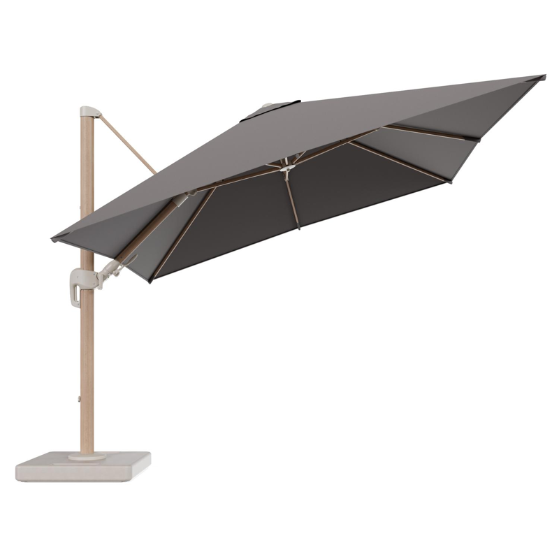 Rufina zweefparasol tiltfunctie in houtlook aluminium en parasoldoek in All Weather Sunbrella® Luxe Natte Nature Grey - L1 300 x L2 300 cm met parasolvoet Lapido 160 kg