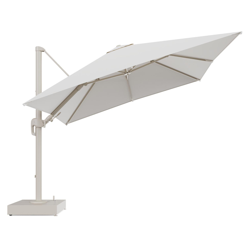 Rufina zweefparasol met tiltfunctie in beige aluminium en Savane White All Weather Sunbrella® Luxe parasoldoek - L1 300 x L2 300 cm met parasolvoet Minore 150 kg met wielen