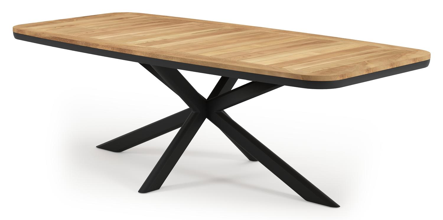 Pamplona tuintafel bootvorm in zwart aluminium en teak natural finish - L 240 x B 110 x H 72 cm