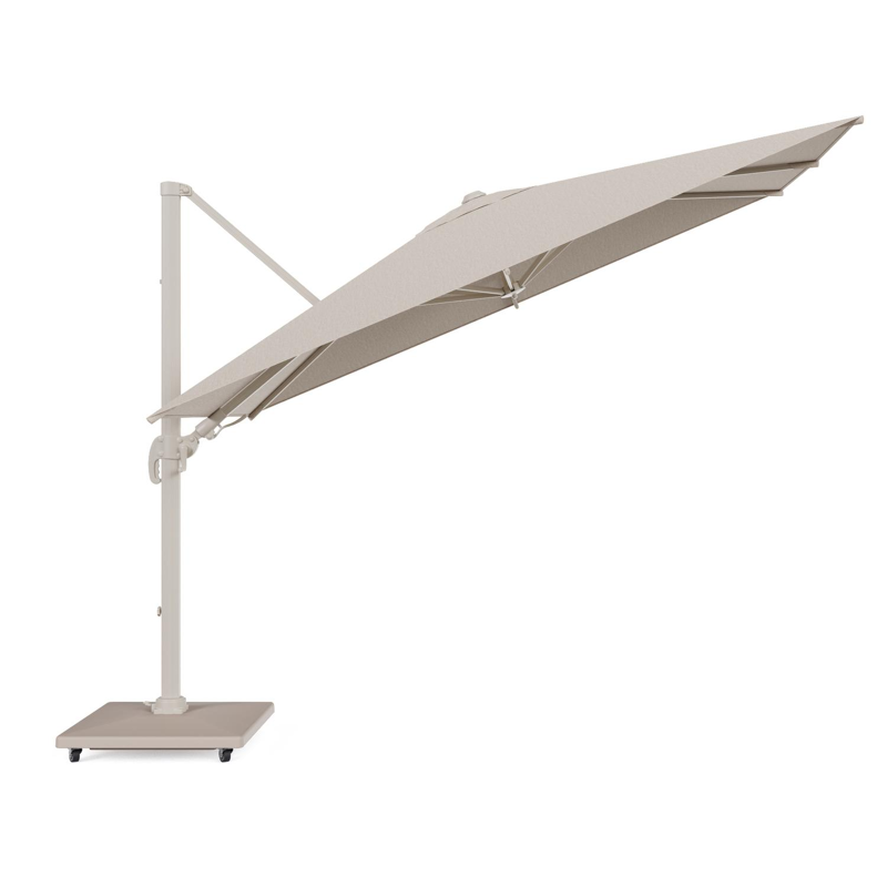 Avola zweefparasol met tiltfunctie in beige aluminium en rustic Weather+ Softtouch parasoldoek - L1 200 x L2 300 cm met parasolvoet Avola 90 kg