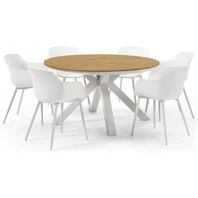 Tora tuinset in wit aluminium en naturel polywood tafelblad met 6 Paco tuinstoelen