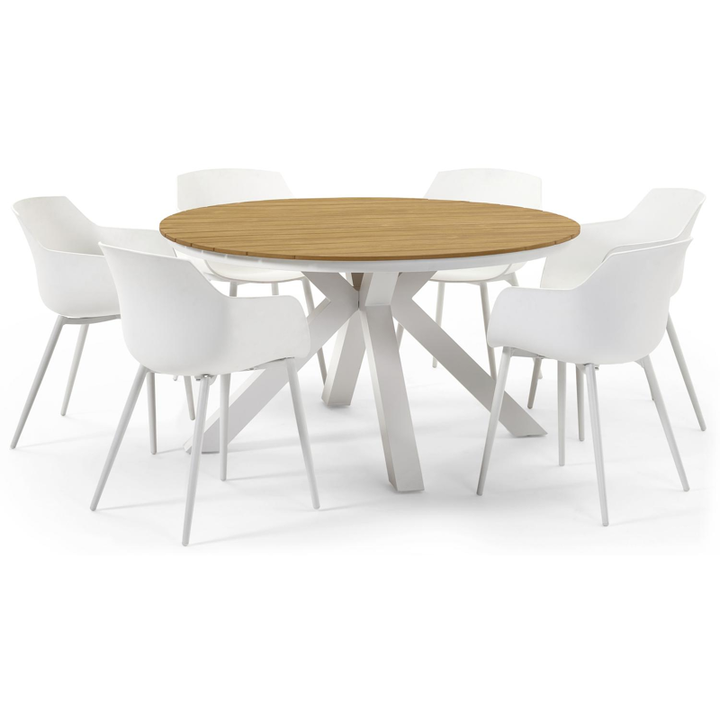 Tora tuinset in wit aluminium en naturel polywood tafelblad met 6 Paco tuinstoelen