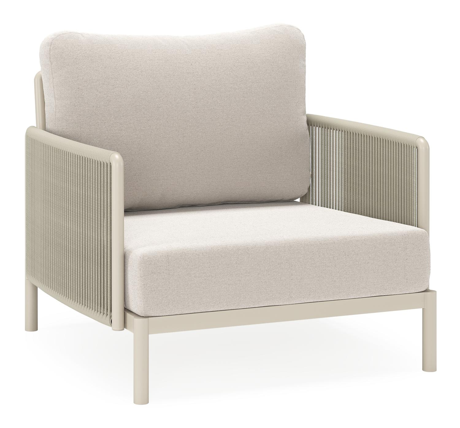 Amarante loungestoel in beige aluminium en beige verticaal geweven ronde rope met beige weather+ softtouch kussen