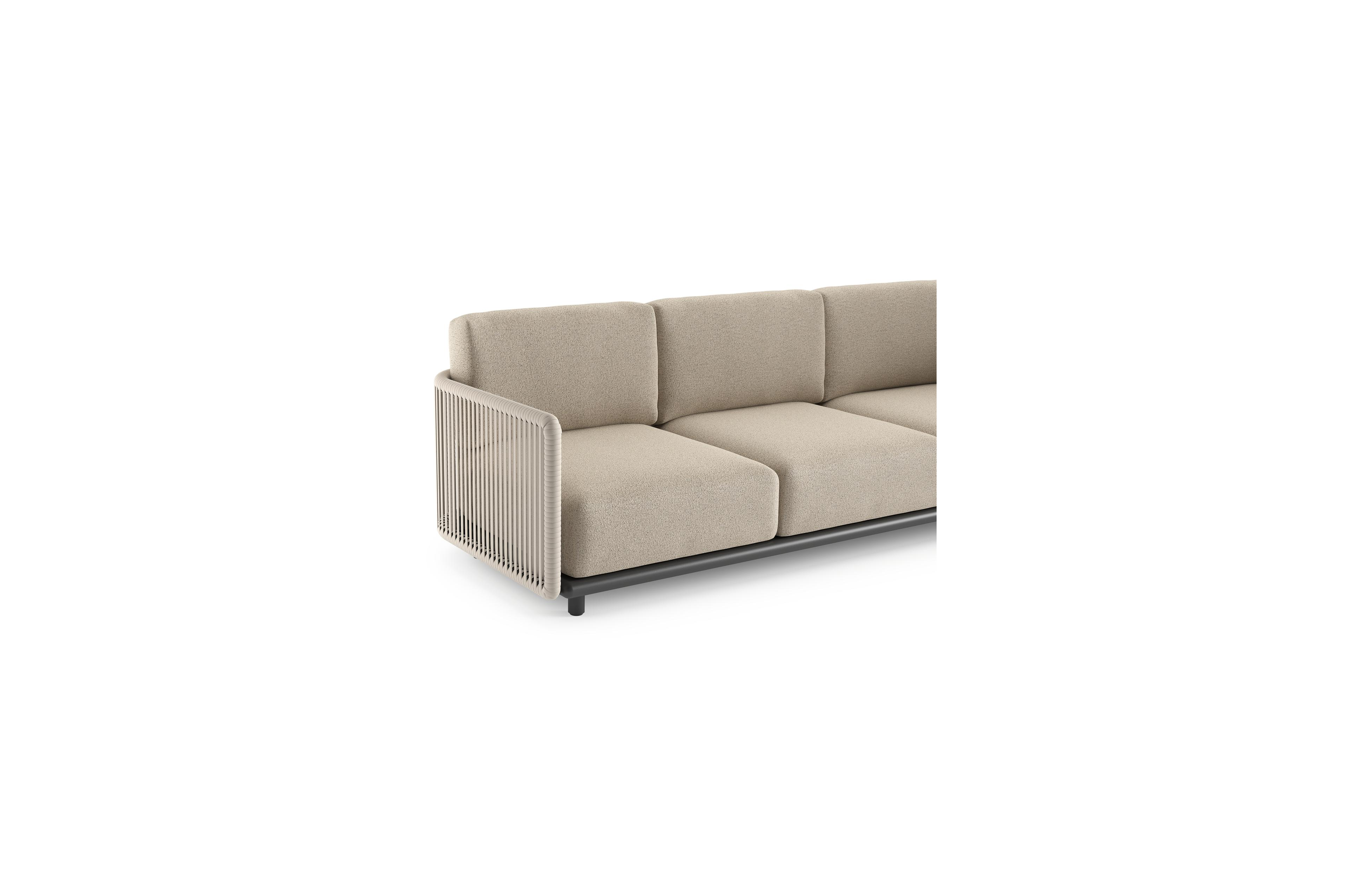 Organo loungehoek in zwart aluminium en beige verticaal geweven luxe vlakke rope met marbella beige All Weather Cosytica kussens