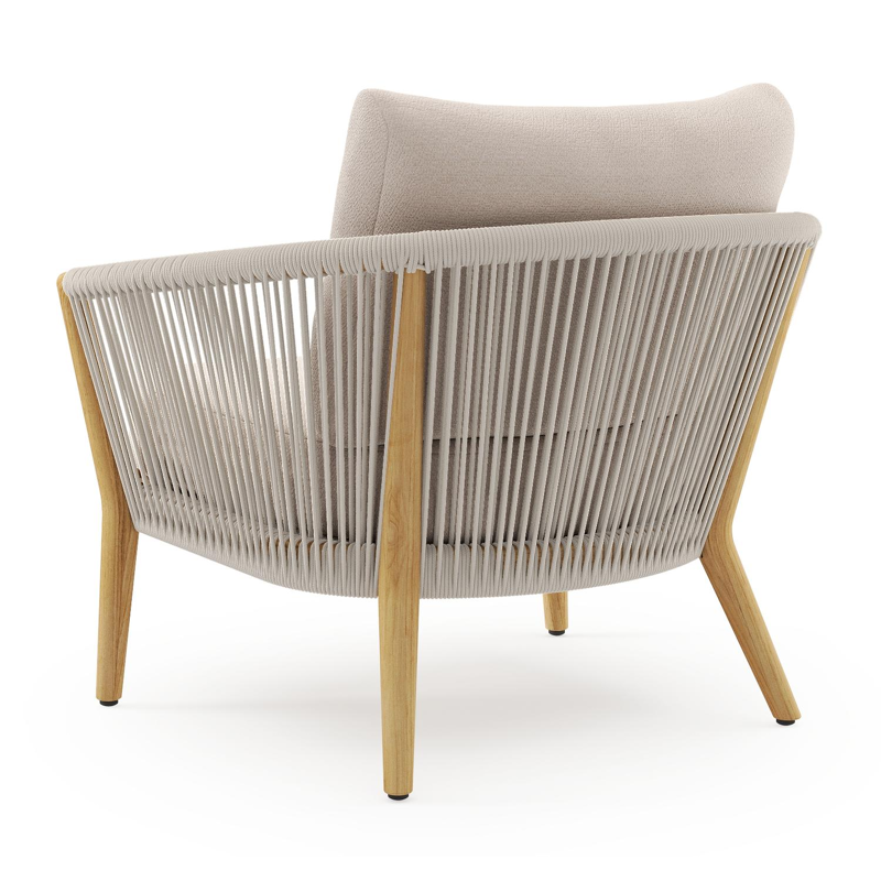 Orso loungestoel in teak en beige verticaal geweven ronde rope met Wander Pilat all weather sunbrella® luxe kussen