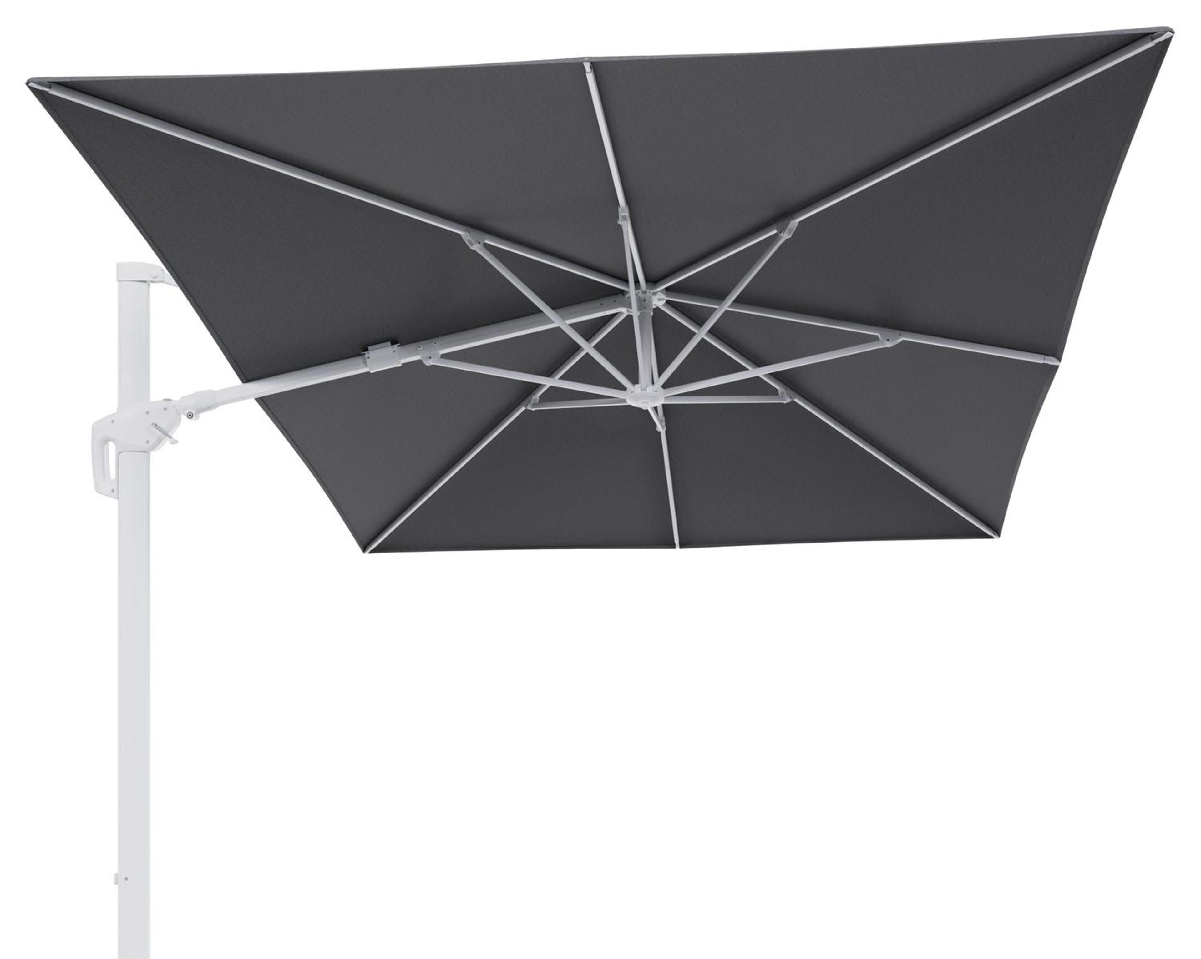 Parasol pendant Minore avec fonction tilt en aluminium blanc et toile de parasol en All Weather Sunbrella® Luxe Heritage Slate  - Lg.1 400 x Lg.2 300 cm (sans pied de parasol)