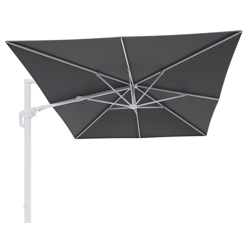 Parasol pendant Minore avec fonction tilt en aluminium blanc et toile de parasol en All Weather Sunbrella® Luxe Heritage Slate - Lg.1 400 x Lg.2 300 cm (sans pied de parasol)