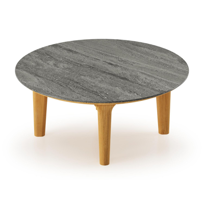 Table de basse Bomero ronde en teck et céramique pleine Aspen Grey - Diam. 85 x Haut. 25 cm